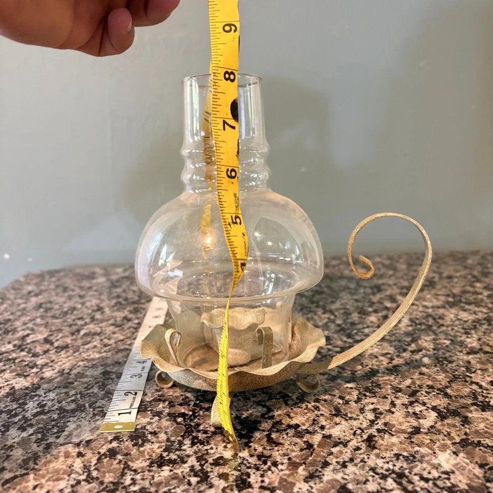 Vintage Metal Chamberstick Candle Holder with Glass Hurricane Chimney Cream